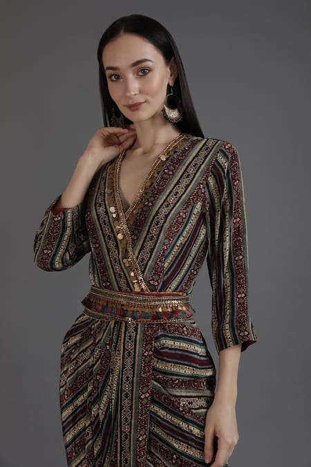 Buy_Preeti S Kapoor_Red Crepe Tassels V-neck Abiha Stripe Print Dhoti Dress_Online_at_Aza_Fashions