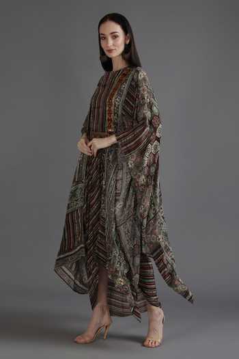 Preeti S Kapoor_Green Crepe, Linen Tassels Round Neck Farisha Mosiac Print Cape With Dhoti Dress_Online_at_Aza_Fashions