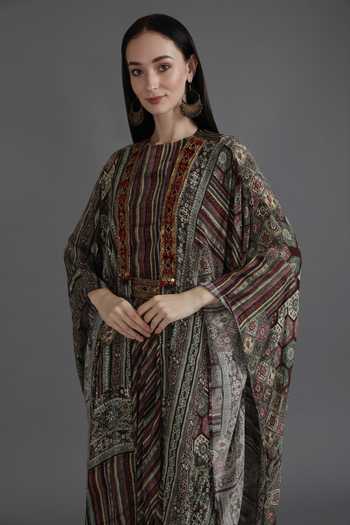 Buy_Preeti S Kapoor_Green Crepe, Linen Tassels Round Neck Farisha Mosiac Print Cape With Dhoti Dress_Online_at_Aza_Fashions