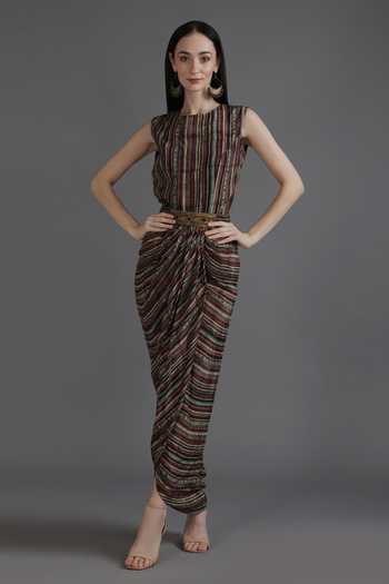 Shop_Preeti S Kapoor_Green Crepe, Linen Tassels Round Neck Farisha Mosiac Print Cape With Dhoti Dress_Online_at_Aza_Fashions