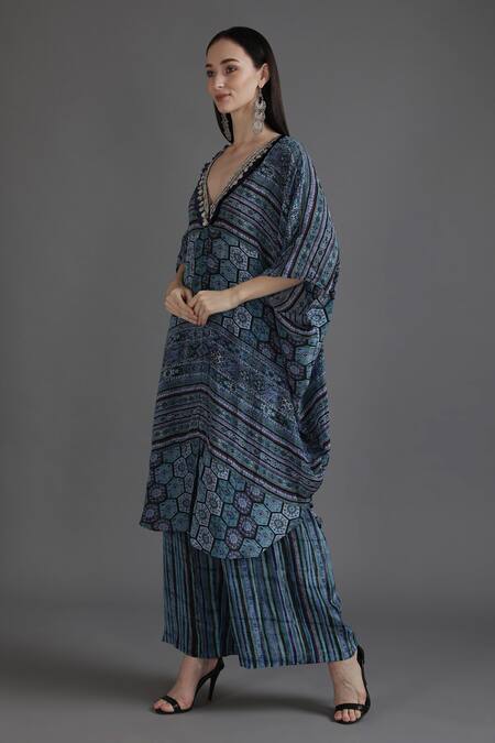 Preeti S Kapoor_Blue Crepe Tassels V-neck Rifat Collage Print Kaftan With Pant_Online_at_Aza_Fashions