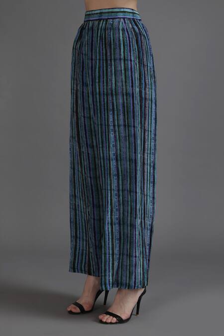 Shop_Preeti S Kapoor_Blue Crepe Tassels V-neck Rifat Collage Print Kaftan With Pant_Online_at_Aza_Fashions