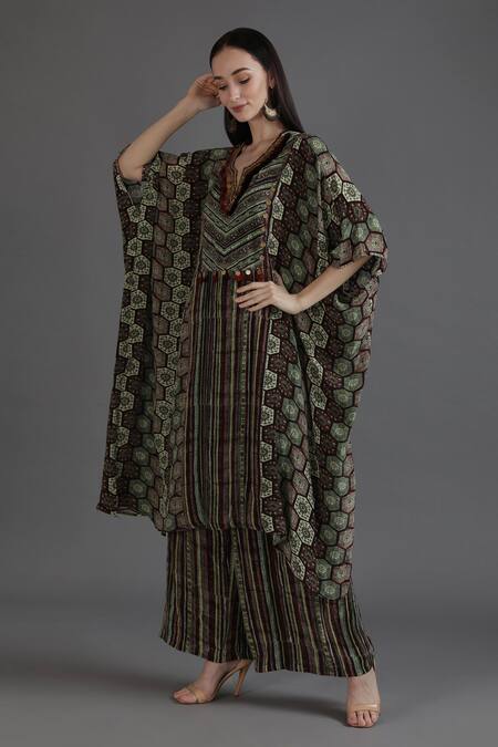 Preeti S Kapoor Green Crepe Tassels V-neck Harmeen Flared Collage Print Kaftan With Pant Online at Aza Fashions Preeti S Kapoor_Green Crepe Tassels V-neck Harmeen Flared Collage Print Kaftan With Pant_Online_at_Aza_Fashions