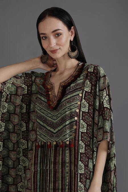 Buy Preeti S Kapoor Green Crepe Tassels V-neck Harmeen Flared Collage Print Kaftan With Pant Online at Aza Fashions Buy_Preeti S Kapoor_Green Crepe Tassels V-neck Harmeen Flared Collage Print Kaftan With Pant_Online_at_Aza_Fashions