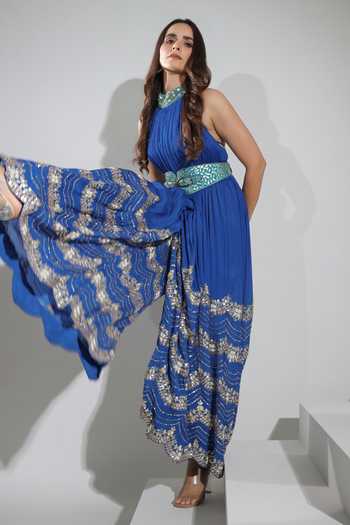 Buy_Pallavi Jaipur_Blue Lining Shantoon, Wrinkle Crepe Gota, Scallop Halter Embroidered Jumpsuit _Online_at_Aza_Fashions