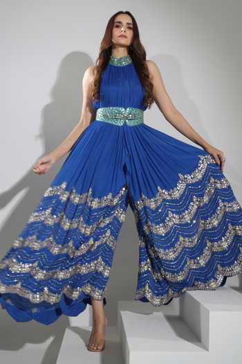 Shop_Pallavi Jaipur_Blue Lining Shantoon, Wrinkle Crepe Gota, Scallop Halter Embroidered Jumpsuit _Online_at_Aza_Fashions