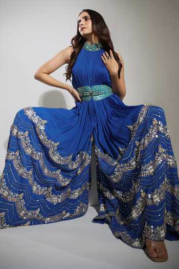 Pallavi Jaipur_Blue Lining Shantoon, Wrinkle Crepe Gota, Scallop Halter Embroidered Jumpsuit _at_Aza_Fashions