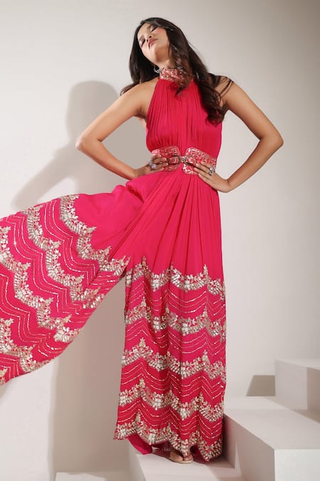 Pallavi Jaipur_Pink Lining Shantoon, Wrinkle Crepe Gota, Scallop Pleated Embroidered Jumpsuit _Online_at_Aza_Fashions
