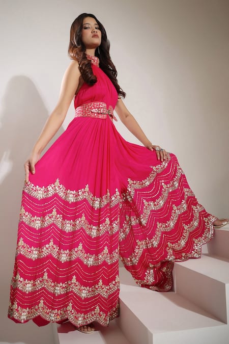 Buy_Pallavi Jaipur_Pink Lining Shantoon, Wrinkle Crepe Gota, Scallop Pleated Embroidered Jumpsuit _Online_at_Aza_Fashions