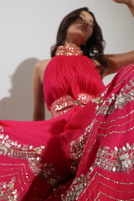 Pallavi Jaipur_Pink Lining Shantoon, Wrinkle Crepe Gota, Scallop Pleated Embroidered Jumpsuit _at_Aza_Fashions