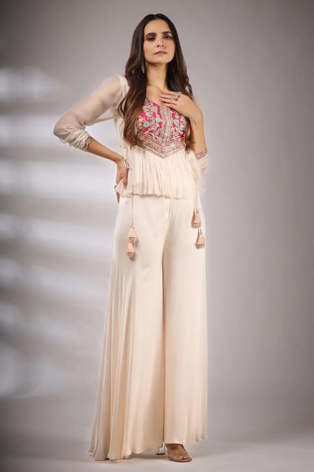 Pallavi Jaipur_Beige Lining Shantoon, Pant Satin Blend, Top Embroidered And Flared Set _Online_at_Aza_Fashions