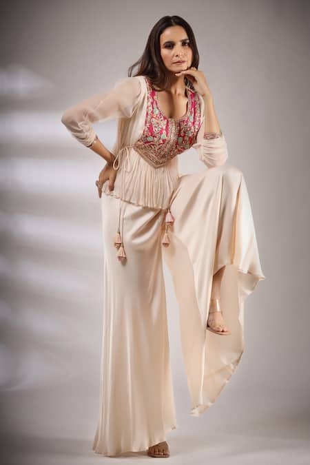 Shop_Pallavi Jaipur_Beige Lining Shantoon, Pant Satin Blend, Top Embroidered And Flared Set _Online_at_Aza_Fashions