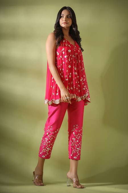 Buy_Pallavi Jaipur_Fuchsia Lining Shantoon, Mulmul, Pant Chanderi, Tunic Embroidered And Set_Online_at_Aza_Fashions