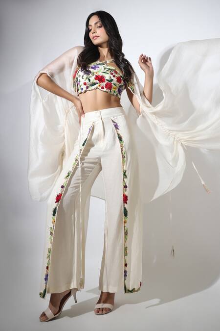 Buy_Pallavi Jaipur_Ivory Cape Satin Organza, Crop Top And Pant Linen Satin, Lining Shantoon Set_Online_at_Aza_Fashions