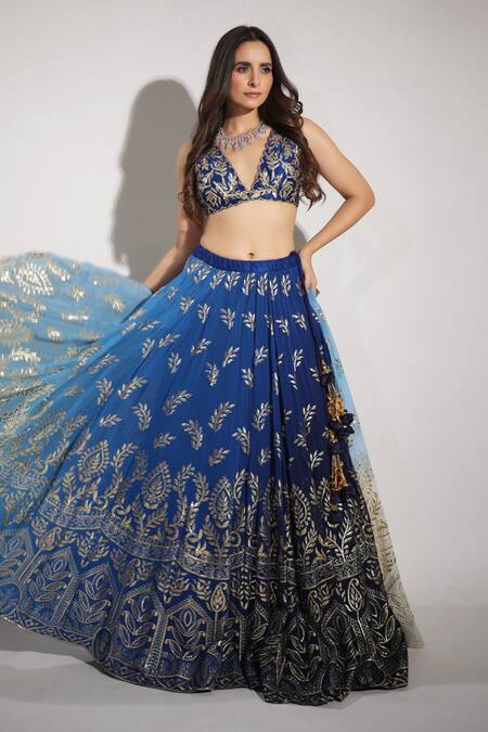 Pallavi Jaipur_Blue Blouse Silk Blend, Lehenga And Dupatta Georgette, Lining Ombre Set_Online_at_Aza_Fashions
