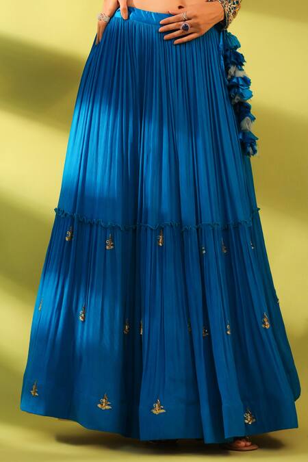 Buy_Pallavi Jaipur_Blue Blouse Raw Silk, Dupatta Organza, Lehenga Embroidered Tiered Set_Online_at_Aza_Fashions