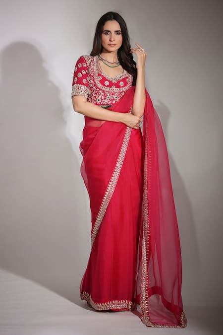 Pallavi Jaipur_Red Blouse Summer Silk, Jacket Linen Satin, Lining Embroidered Set_Online_at_Aza_Fashions