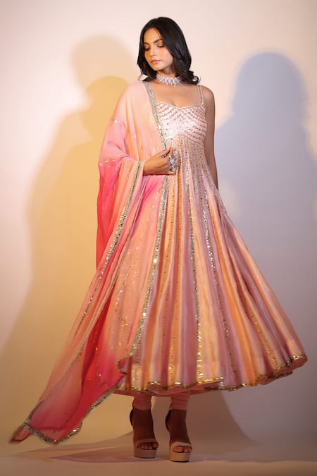 Pallavi Jaipur_Pink Anarkali Kora Silk, Dupatta Diamond Chiffon, Leggings Satin Lycra, Set _Online_at_Aza_Fashions