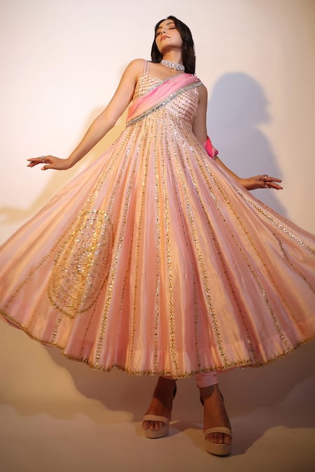 Shop_Pallavi Jaipur_Pink Anarkali Kora Silk, Dupatta Diamond Chiffon, Leggings Satin Lycra, Set _Online_at_Aza_Fashions