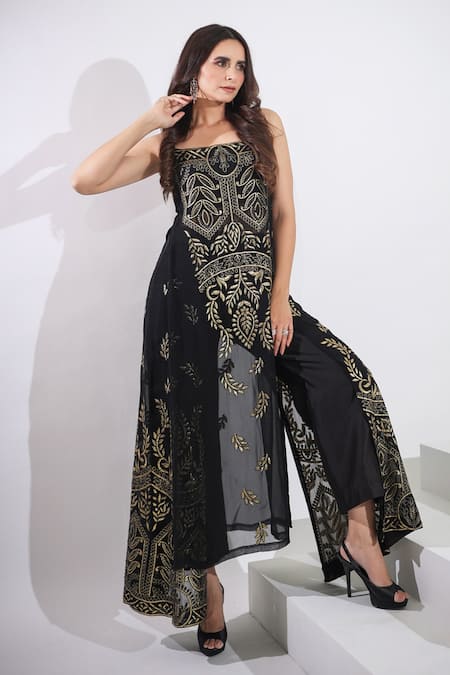 Pallavi Jaipur_Black Kurta Georgette, Lining Mulmul, Lining Shantoon, Pants And Set _Online_at_Aza_Fashions