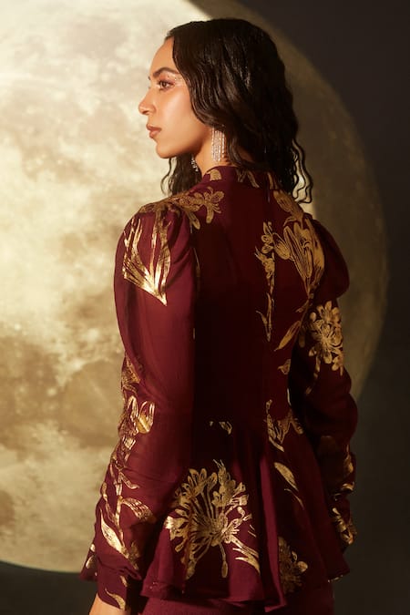 Dohr India_Maroon Organza, Crepe Foil Printing, High Peplum Top And Flared Pant Set _Online_at_Aza_Fashions
