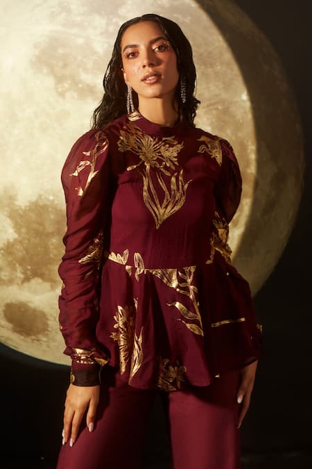 Buy_Dohr India_Maroon Organza, Crepe Foil Printing, High Peplum Top And Flared Pant Set _Online_at_Aza_Fashions