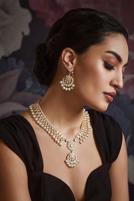 Shop Paisley Pop Gold Plated Diamonds, Pearls Polki Necklace Set Online at Aza Fashions Shop_Paisley Pop_Gold Plated Diamonds, Pearls Polki Necklace Set _Online_at_Aza_Fashions