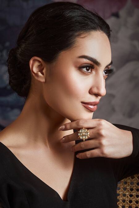 Paisley Pop_Gold Plated Imitation Diamonds Kundan Ring _Online_at_Aza_Fashions