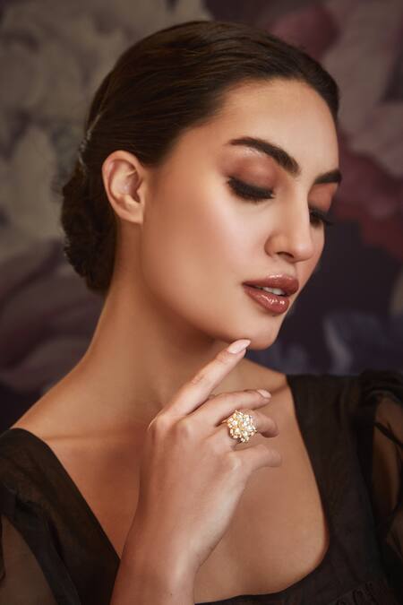 Paisley Pop Gold Plated Diamonds, Pearls Floral Kundan Ring Online at Aza Fashions Paisley Pop_Gold Plated Diamonds, Pearls Floral Kundan Ring _Online_at_Aza_Fashions