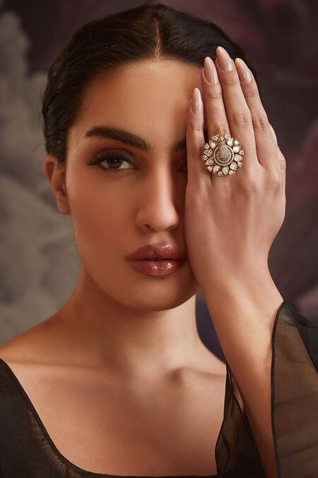 Paisley Pop Gold Plated Zari Antique Peacock Polki Ring Online at Aza Fashions Paisley Pop_Gold Plated Zari Antique Peacock Polki Ring _Online_at_Aza_Fashions