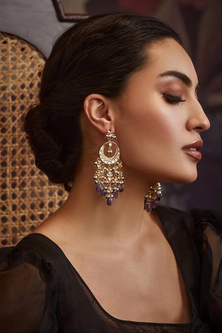 Buy_Paisley Pop_Gold Plated Gota Patti, Diamonds Kundan Chandbali Earrings _Online_at_Aza_Fashions