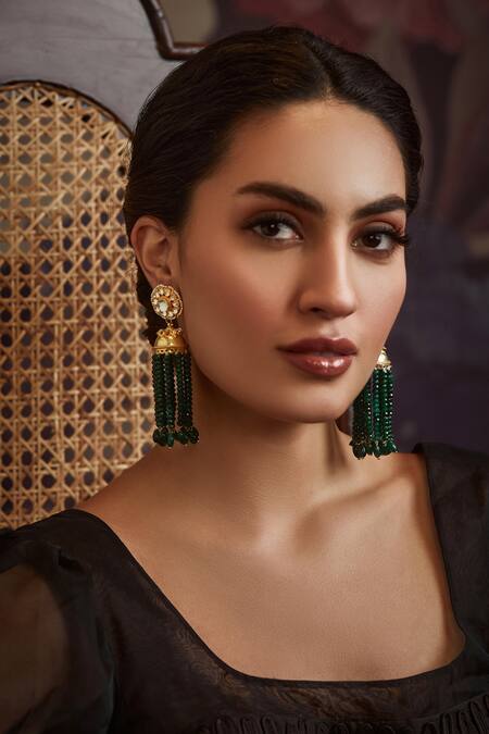 Paisley Pop Gold Plated Pearls, Stones Green Kundan Jhumka Earrings Online at Aza Fashions Paisley Pop_Gold Plated Pearls, Stones Green Kundan Jhumka Earrings _Online_at_Aza_Fashions