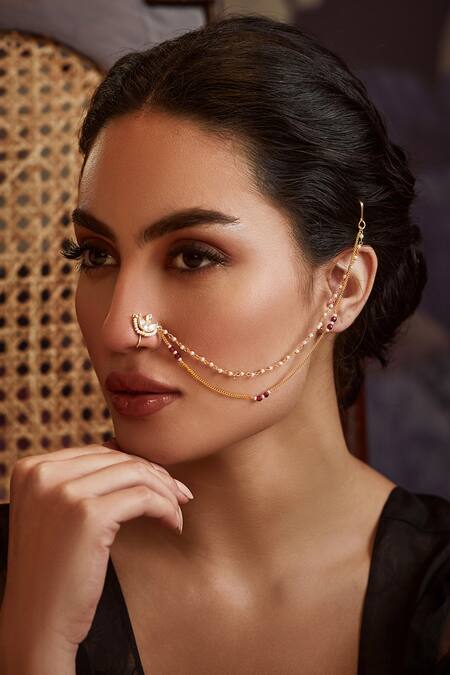 Paisley Pop Gold Plated Diamonds, Pearls, Stones Kundan Nosepin Online at Aza Fashions Paisley Pop_Gold Plated Diamonds, Pearls, Stones Kundan Nosepin_Online_at_Aza_Fashions