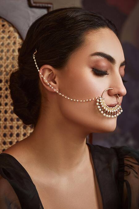 Paisley Pop_Gold Plated Diamonds, Pearls Kundan Nosepin_Online_at_Aza_Fashions
