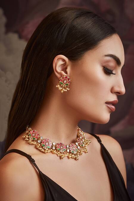 Buy_Paisley Pop_Pink Kundan, Shell-pearls Necklace Set_Online_at_Aza_Fashions