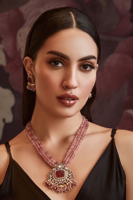 Buy Paisley Pop Pink Diamonds, Pearls Victorian Polki Pendant Necklace Jewellery Set Online at Aza Fashions Buy_Paisley Pop_Pink Diamonds, Pearls Victorian Polki Pendant Necklace Jewellery Set _Online_at_Aza_Fashions