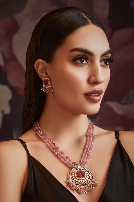 Shop Paisley Pop Pink Diamonds, Pearls Victorian Polki Pendant Necklace Jewellery Set Online at Aza Fashions Shop_Paisley Pop_Pink Diamonds, Pearls Victorian Polki Pendant Necklace Jewellery Set _Online_at_Aza_Fashions