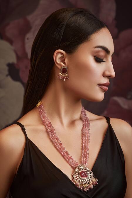 Paisley Pop Pink Diamonds, Pearls Victorian Polki Pendant Necklace Jewellery Set at Aza Fashions Paisley Pop_Pink Diamonds, Pearls Victorian Polki Pendant Necklace Jewellery Set _at_Aza_Fashions