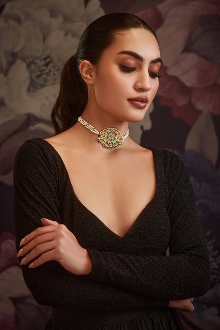 Paisley Pop Gold Plated Kundan Pearl Choker Necklace Online at Aza Fashions Paisley Pop_Gold Plated Kundan Pearl Choker Necklace _Online_at_Aza_Fashions