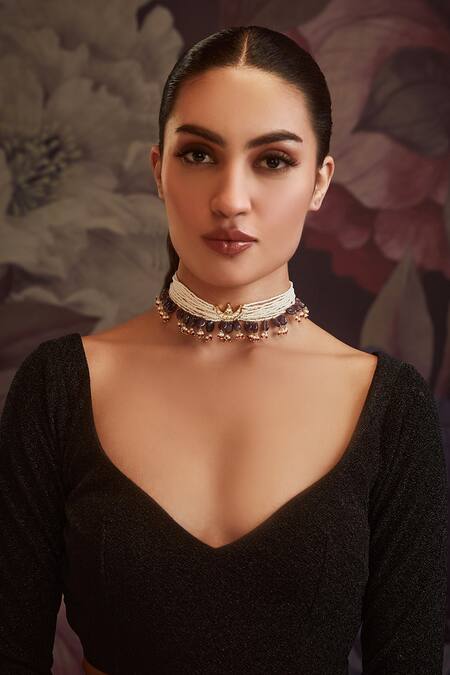 Paisley Pop Gold Plated Kundan Pearl Choker Necklace Online at Aza Fashions Paisley Pop_Gold Plated Kundan Pearl Choker Necklace _Online_at_Aza_Fashions