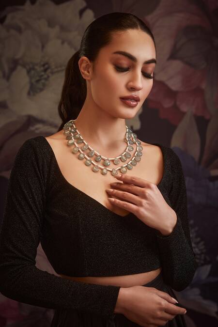 Paisley Pop Green Mint Pearl Layered Contemporary Necklace Online at Aza Fashions Paisley Pop_Green Mint Pearl Layered Contemporary Necklace _Online_at_Aza_Fashions