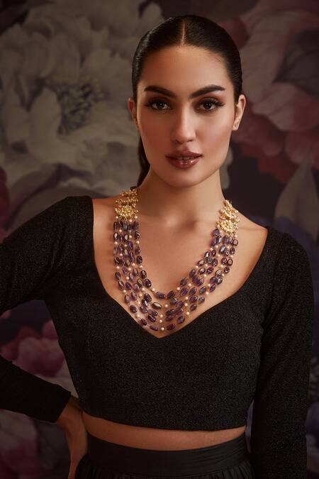 Paisley Pop Purple Amethyst Polki Layered Contemporary Necklace Online at Aza Fashions Paisley Pop_Purple Amethyst Polki Layered Contemporary Necklace _Online_at_Aza_Fashions