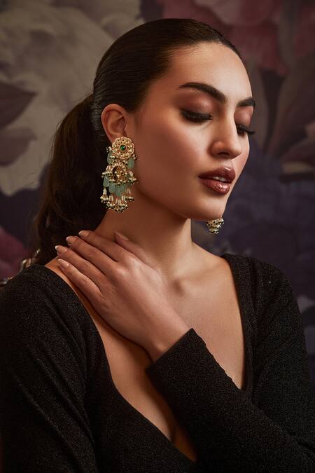 Paisley Pop_Green Pearls Mint Kundan Danglers And Drops _Online_at_Aza_Fashions