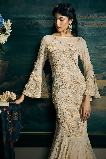 Sahil Kochhar_Beige Net Embroidery Round Neck Pakeezah Jungle Motif Gown _Online_at_Aza_Fashions