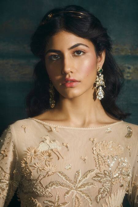 Buy_Sahil Kochhar_Beige Net Embroidery Round Neck Pakeezah Jungle Motif Gown _Online_at_Aza_Fashions