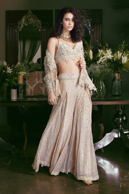 Buy Kisneel By Pam Beige Organza Sequins V-, Open Embroidered Jacket Pant Set Online at Aza Fashions Buy_Kisneel By Pam_Beige Organza Sequins V-, Open Embroidered Jacket Pant Set_Online_at_Aza_Fashions