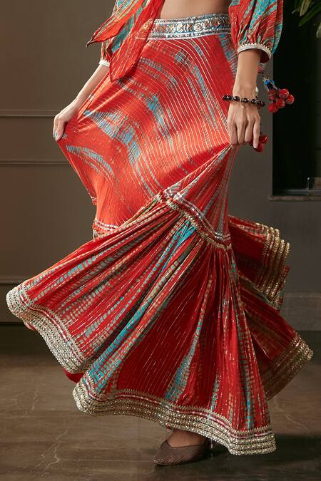 Kisneel By Pam_Red Cotton Gota Patti V-neck Tie-dyed Blouse And Lehenga Set_Online_at_Aza_Fashions