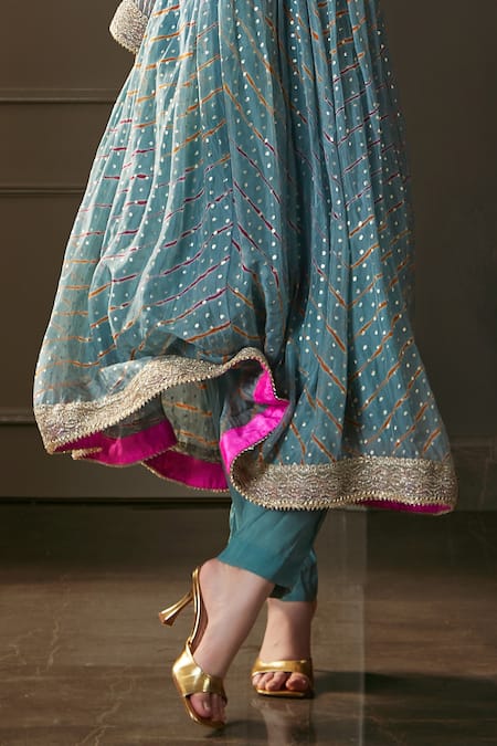 Kisneel By Pam Blue Organza, Crepe Tassels V-neck Embroidered Kaftan And Pant Set Online at Aza Fashions Kisneel By Pam_Blue Organza, Crepe Tassels V-neck Embroidered Kaftan And Pant Set_Online_at_Aza_Fashions