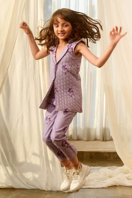 Pasha India_Purple Linen Quilted Jacket And Pant Set _Online_at_Aza_Fashions