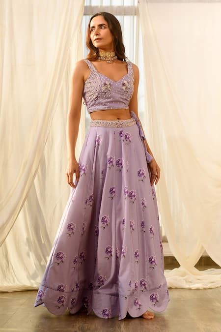 Pasha India_Purple Linen Embroidery, Sequins Sweetheart Floral Print Kalidar Lehenga Set _Online_at_Aza_Fashions